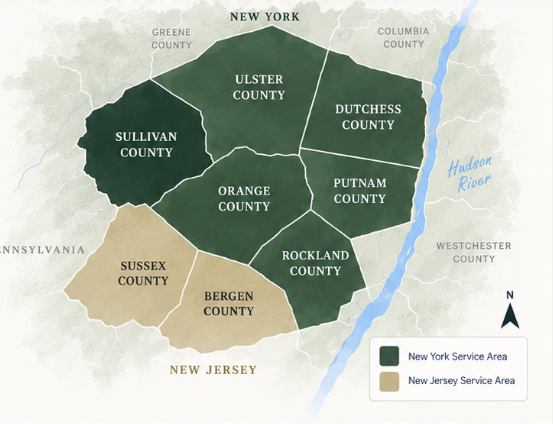 Noble Ridge service area map highlighting Sullivan, Ulster, Dutchess, Orange, Putnam and Rockland counties in New York and Sussex and Bergen counties in New Jersey.